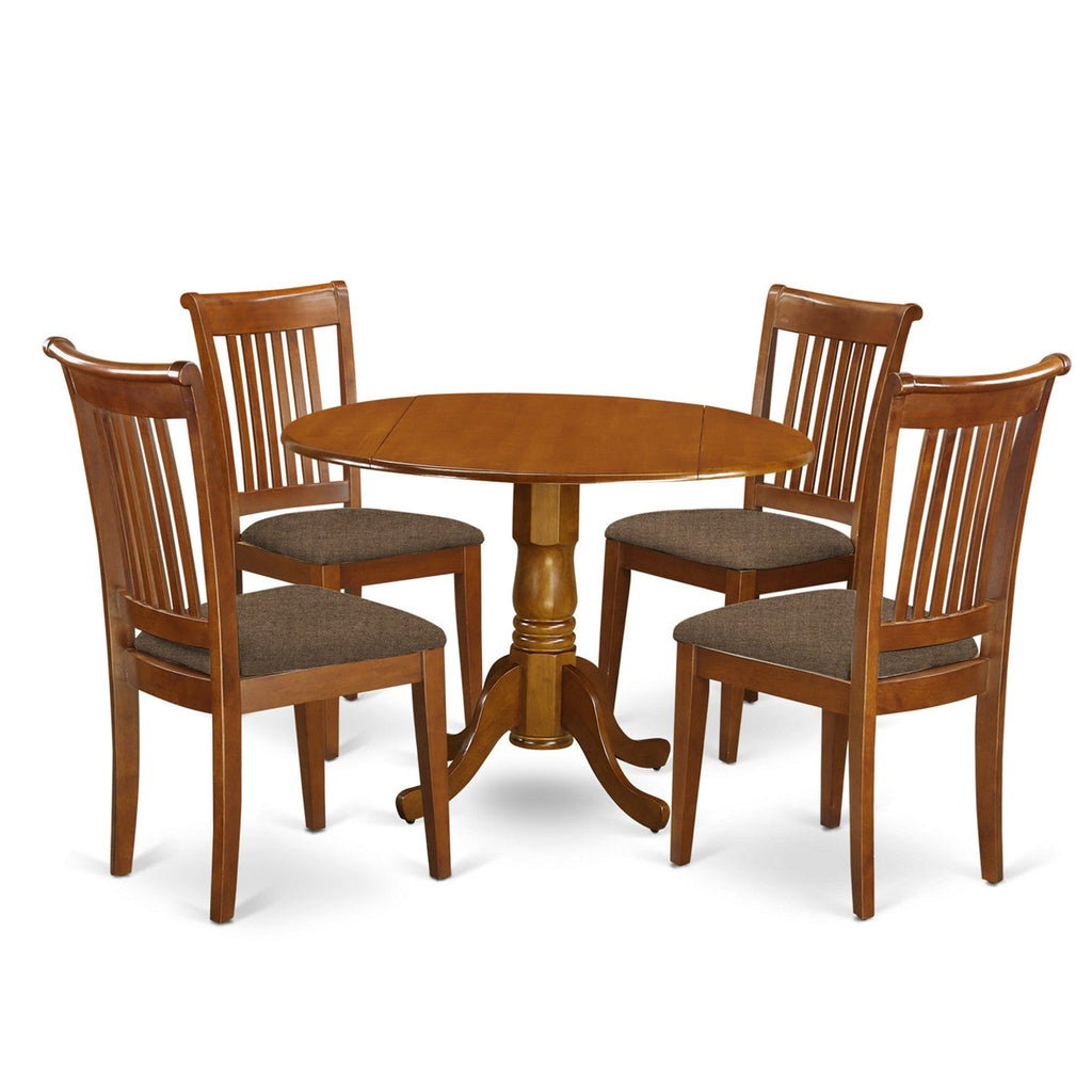 East West Furniture DLPO5-SBR-C 5 Piece Dinette Set for 4 Includes a Round Dining Room Table with Dropleaf and 4 Linen Fabric Upholstered Dining Chairs, 42x42 Inch, Saddle Brown