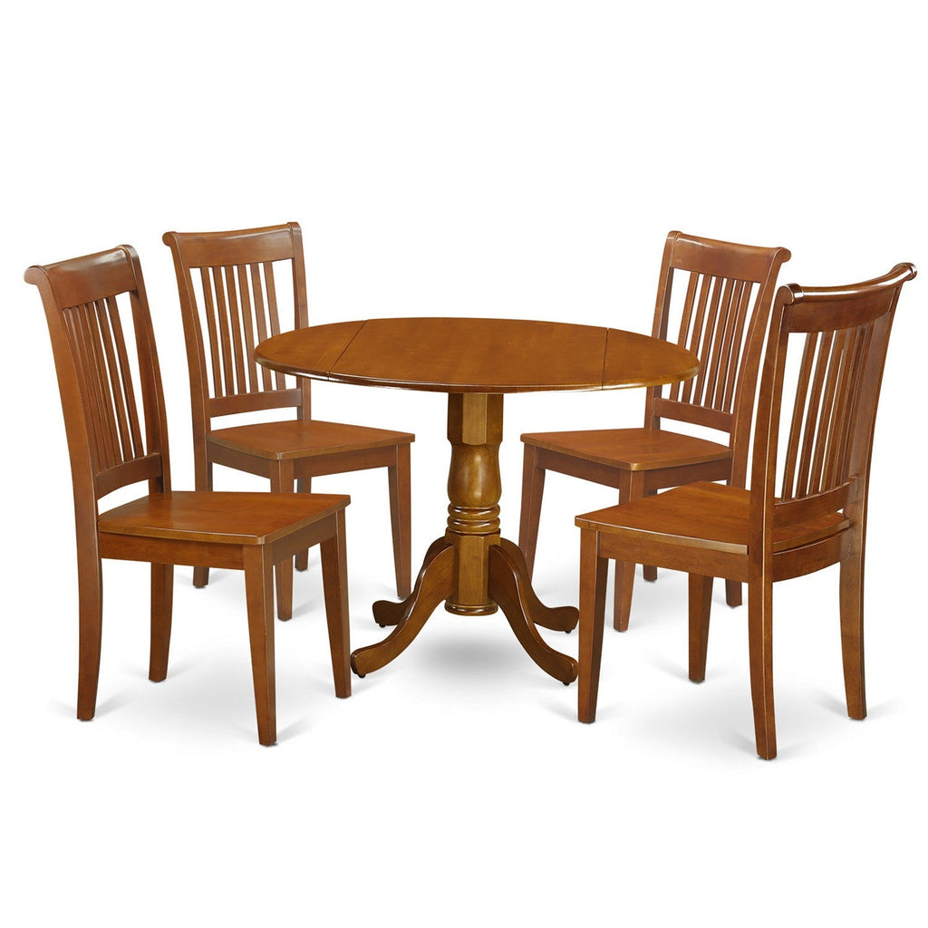 East West Furniture DLPO5-SBR-W 5 Piece Kitchen Table & Chairs Set Includes a Round Dining Table with Dropleaf and 4 Dining Room Chairs, 42x42 Inch, Saddle Brown