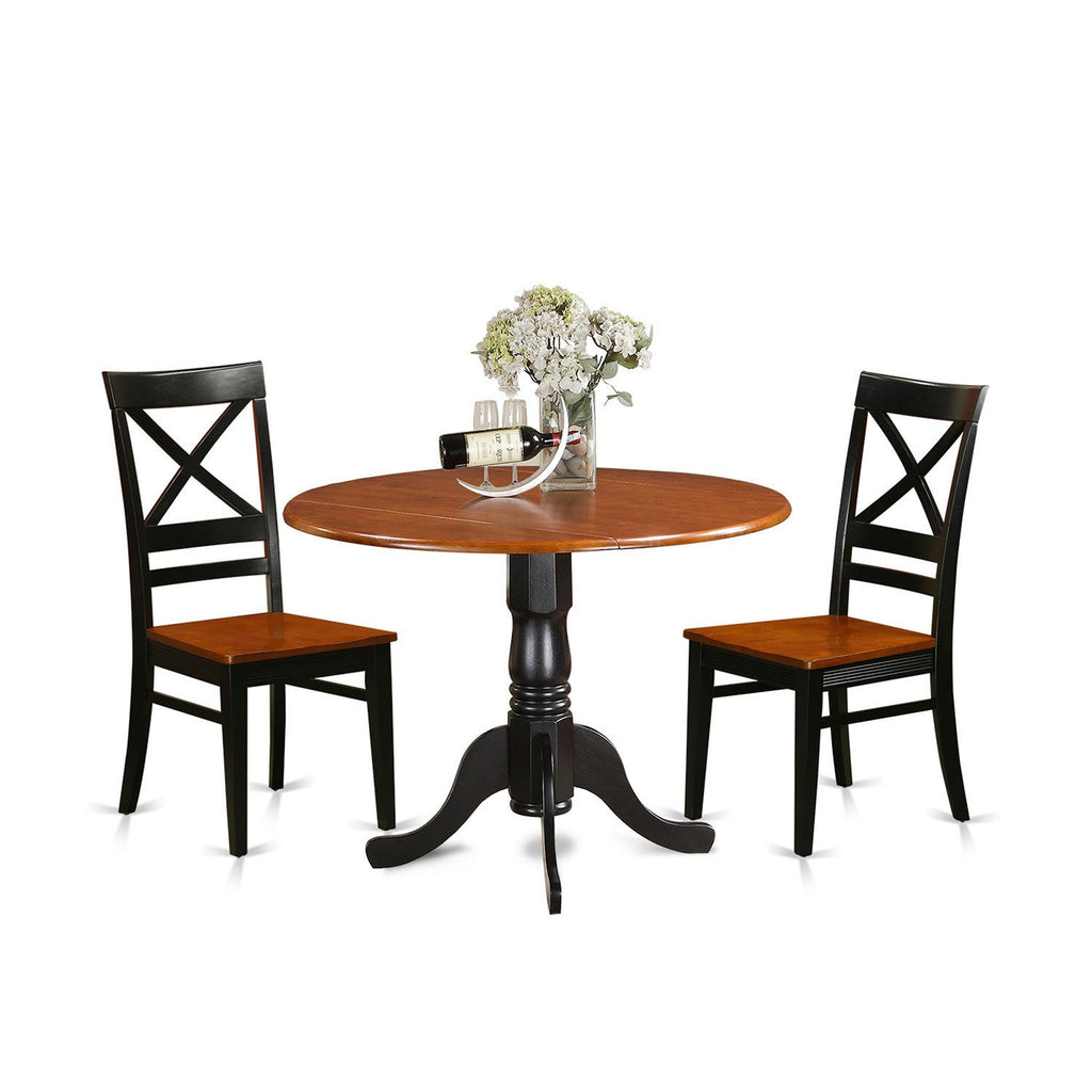 East West Furniture DLQU3-BCH-W 3 Piece Dining Set Contains a Round Dining Table with Dropleaf and 2 Kitchen Chairs, 42x42 Inch, Black & Cherry