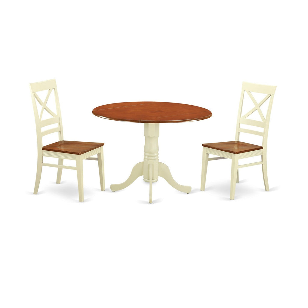 East West Furniture DLQU3-BMK-W 3 Piece Dining Room Furniture Set Contains a Round Kitchen Table with Dropleaf and 2 Dining Chairs, 42x42 Inch, Buttermilk & Cherry