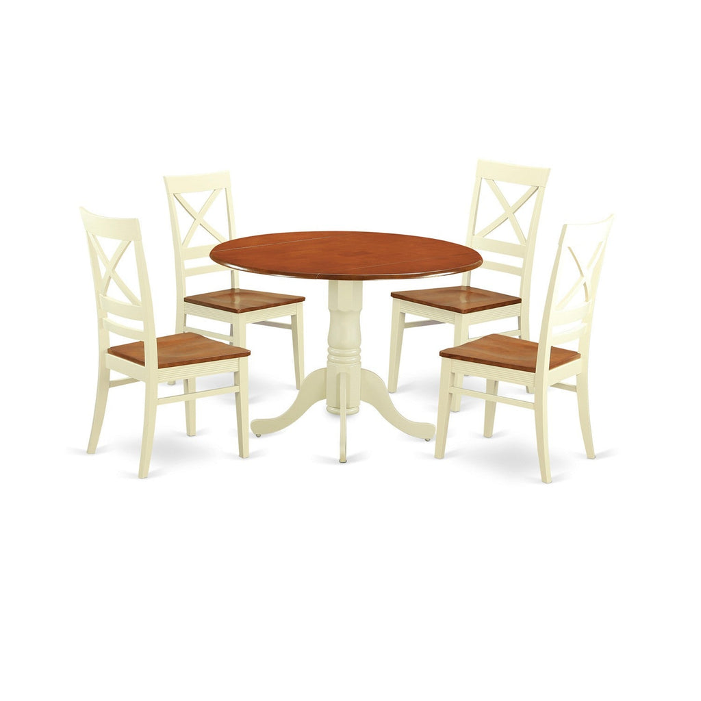 East West Furniture DLQU5-BMK-W 5 Piece Dining Table Set for 4 Includes a Round Kitchen Table with Dropleaf and 4 Dining Room Chairs, 42x42 Inch, Buttermilk & Cherry