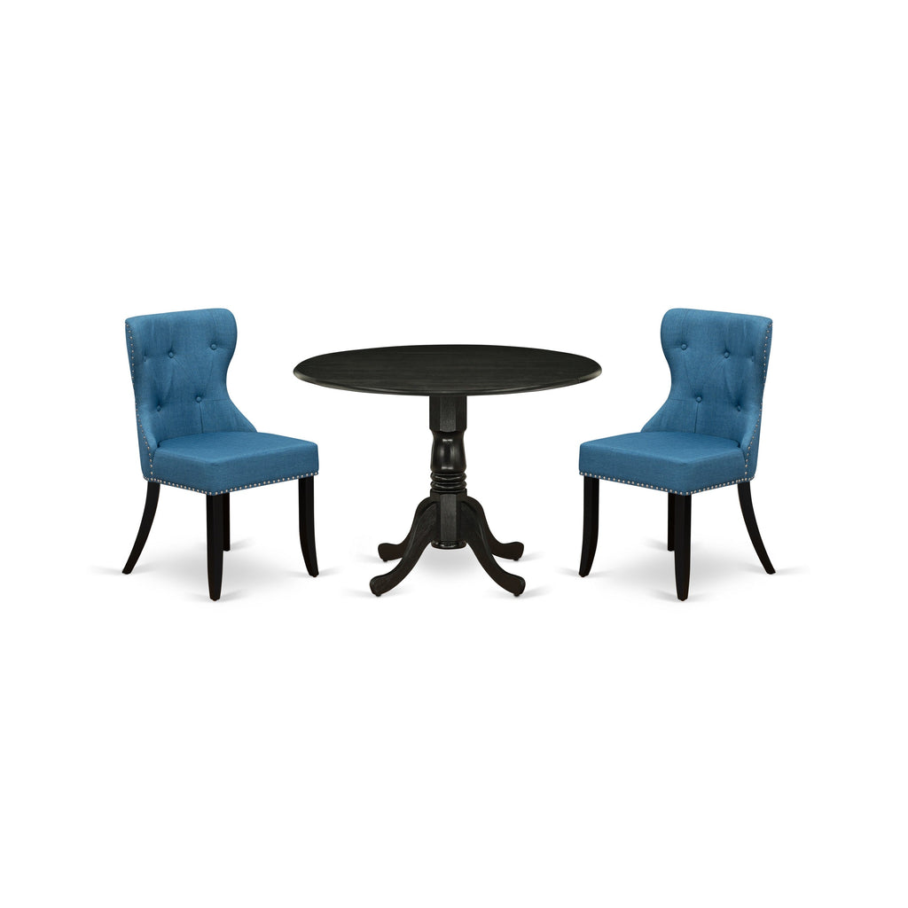 East West Furniture DLSI3-ABK-21 3 Piece Modern Dining Table Set Contains a Round Wooden Table with Dropleaf and 2 Blue Linen Fabric Upholstered Parson Chairs, 42x42 Inch, Wirebrushed Black