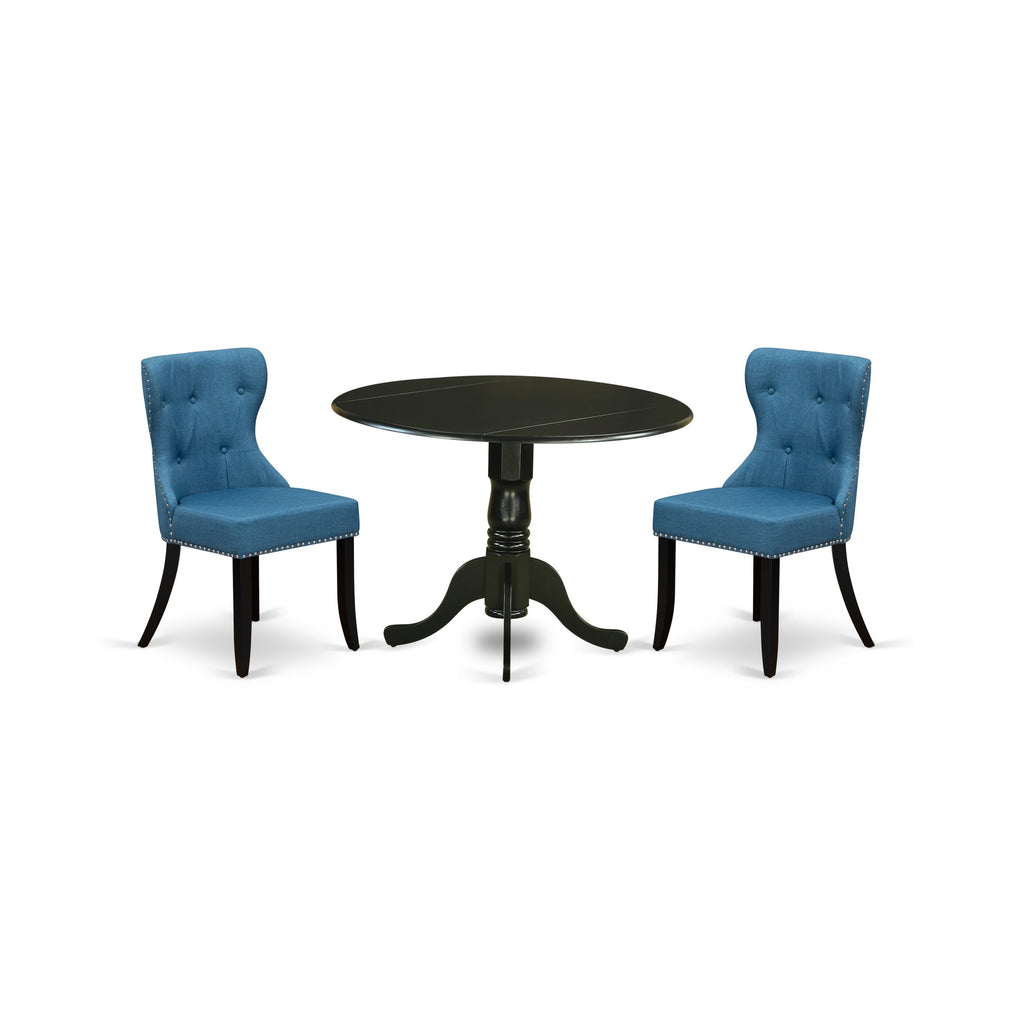 East West Furniture DLSI3-BLK-21 3 Piece Dining Table Set for Small Spaces Contains a Round Dining Room Table with Dropleaf and 2 Blue Linen Fabric Parsons Chairs, 42x42 Inch, Black