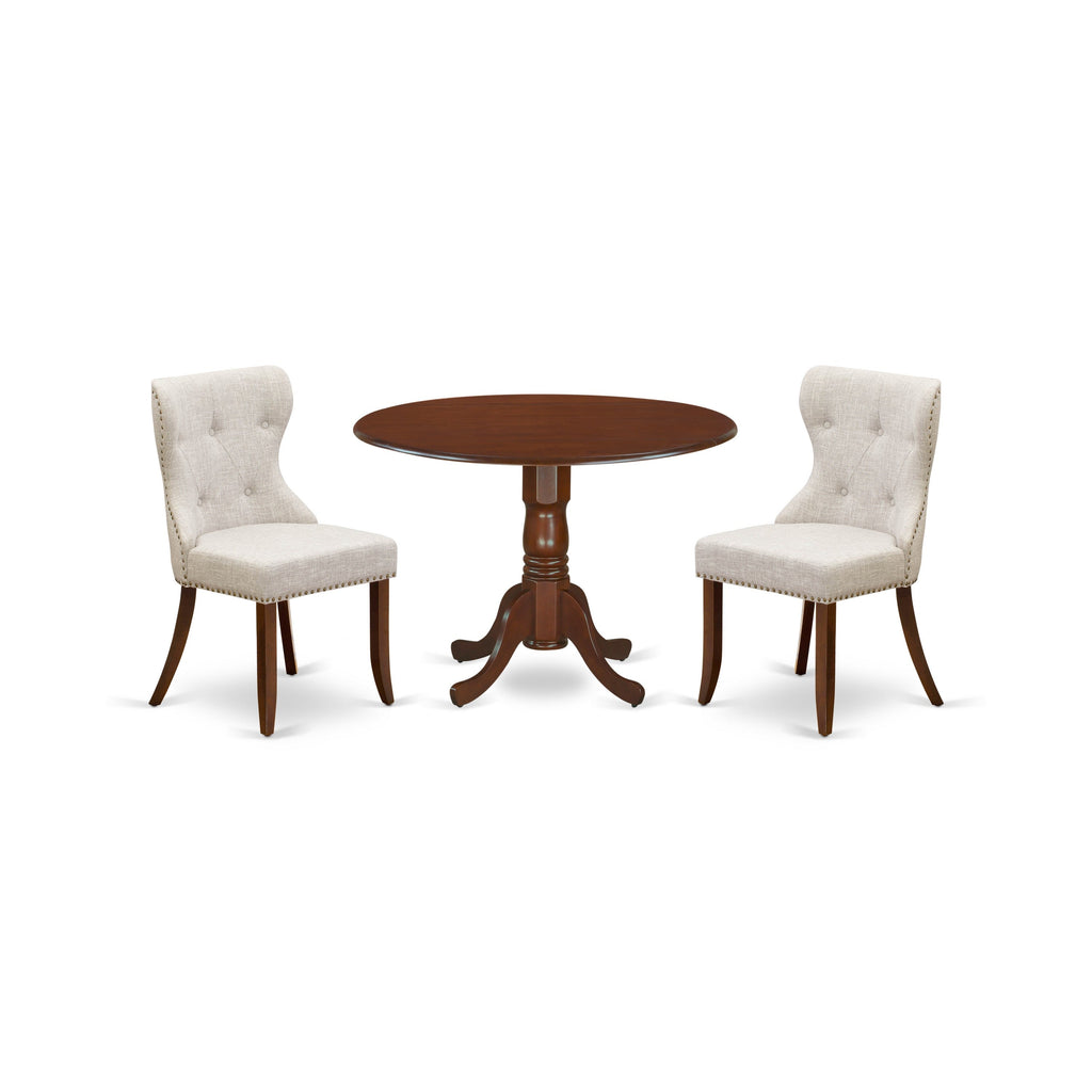 East West Furniture DLSI3-MAH-35 3 Piece Kitchen Table Set Contains a Round Dining Table with Dropleaf and 2 Doeskin Linen Fabric Parson Dining Room Chairs, 42x42 Inch, Mahogany
