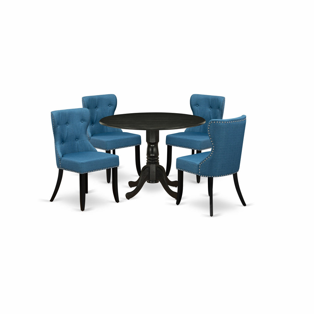 East West Furniture DLSI5-ABK-21 5 Piece Kitchen Table & Chairs Set Includes a Round Dining Room Table with Dropleaf and 4 Blue Linen Fabric Upholstered Chairs, 42x42 Inch, Wirebrushed Black