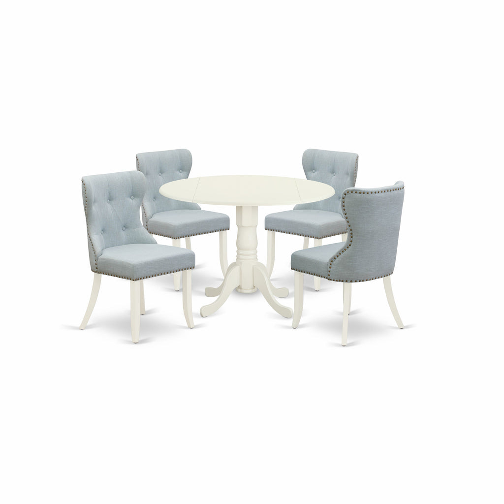 East West Furniture DLSI5-WHI-15 5 Piece Kitchen Table & Chairs Set Includes a Round Dining Room Table with Dropleaf and 4 Baby Blue Linen Fabric Parsons Chairs, 42x42 Inch, Linen White