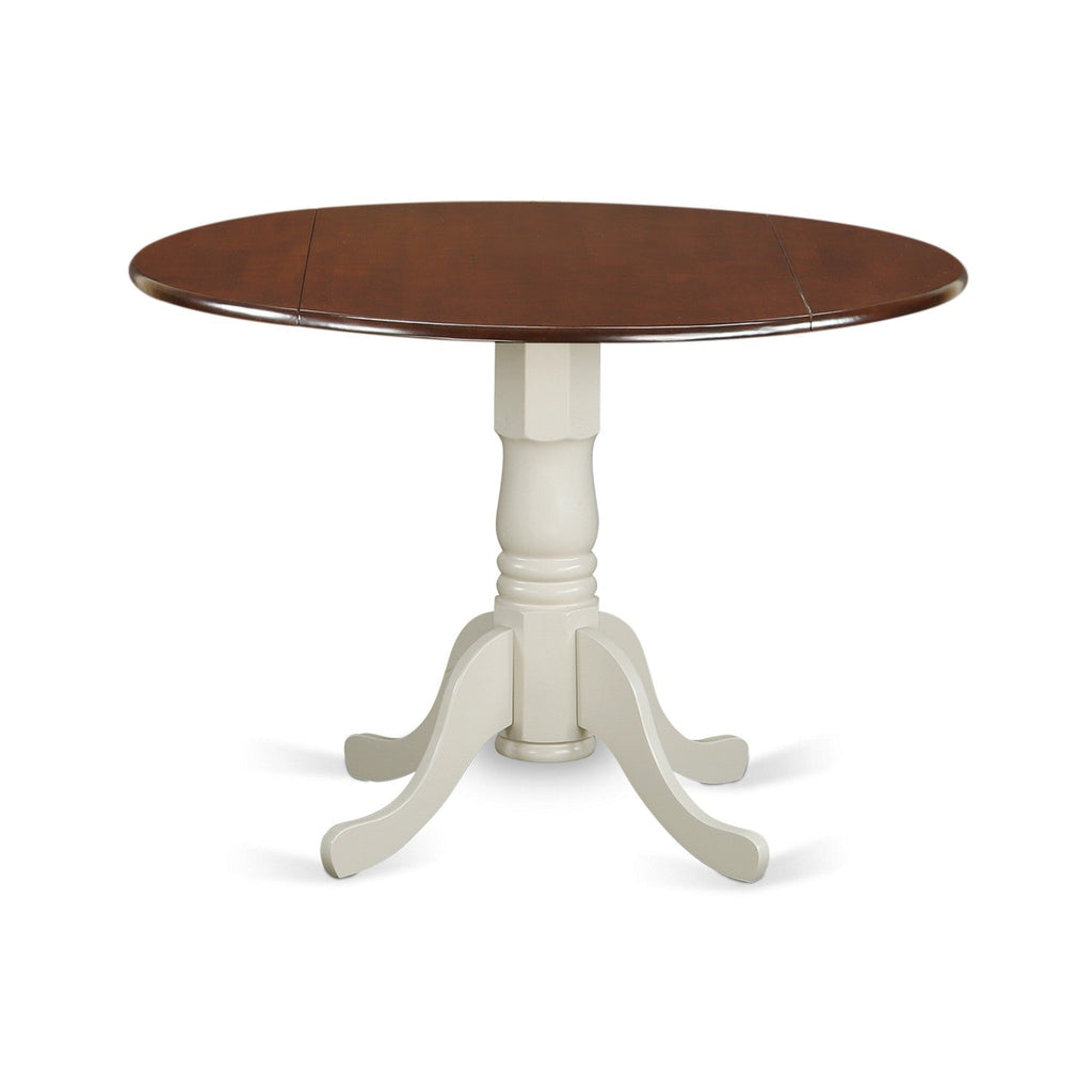 East West Furniture DLT-MLW-TP Dublin Modern Dining Table - a Round Kitchen Table Top with Dropleaf & Pedestal Base, 42x42 Inch, Mahogany & Linen White