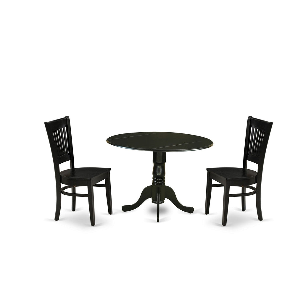 East West Furniture DLVA3-BLK-W 3 Piece Dinette Set for Small Spaces Contains a Round Dining Table with Dropleaf and 2 Dining Chairs, 42x42 Inch, Black
