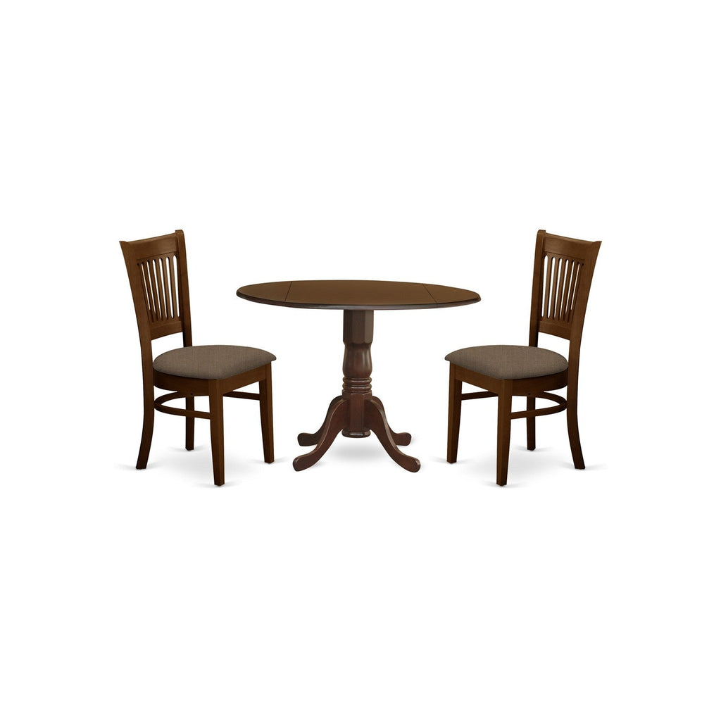 East West Furniture DLVA3-ESP-C 3 Piece Kitchen Table & Chairs Set Contains a Round Dining Room Table with Dropleaf and 2 Linen Fabric Upholstered Chairs, 42x42 Inch, Espresso