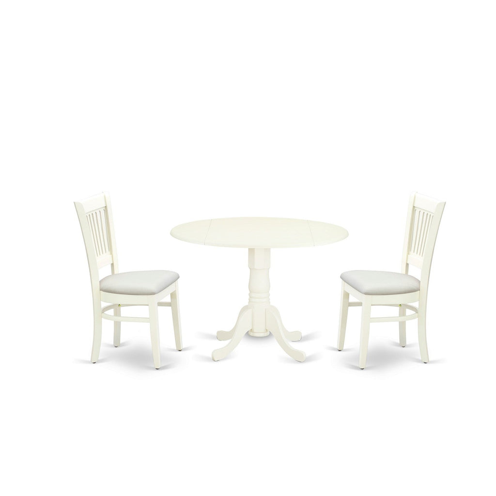 East West Furniture DLVA3-LWH-C 3 Piece Modern Dining Table Set Contains a Round Wooden Table with Dropleaf and 2 Linen Fabric Upholstered Dining Chairs, 42x42 Inch, Linen White