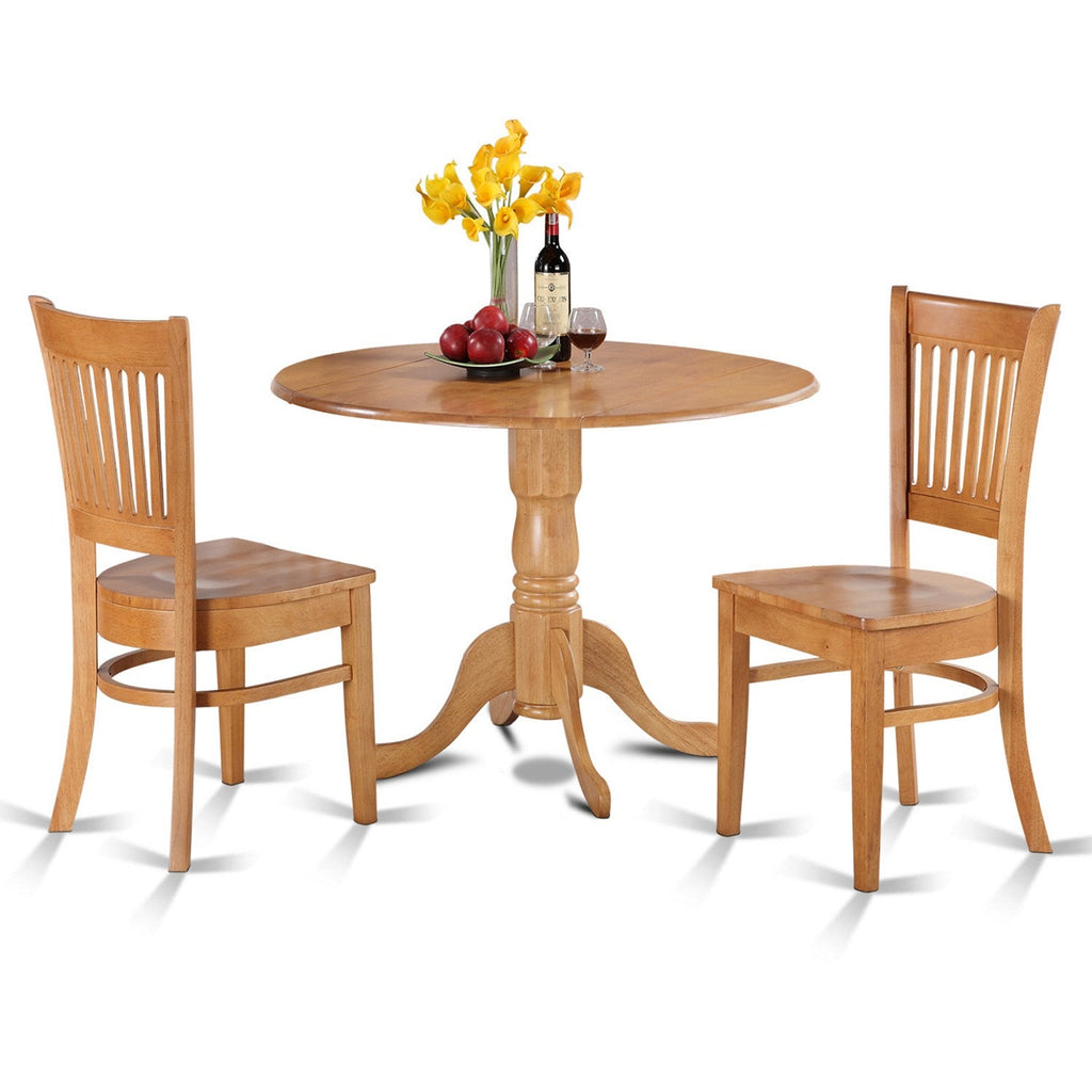 East West Furniture DLVA3-OAK-W 3 Piece Dining Table Set for Small Spaces Contains a Round Dining Room Table with Dropleaf and 2 Wooden Seat Chairs, 42x42 Inch, Oak