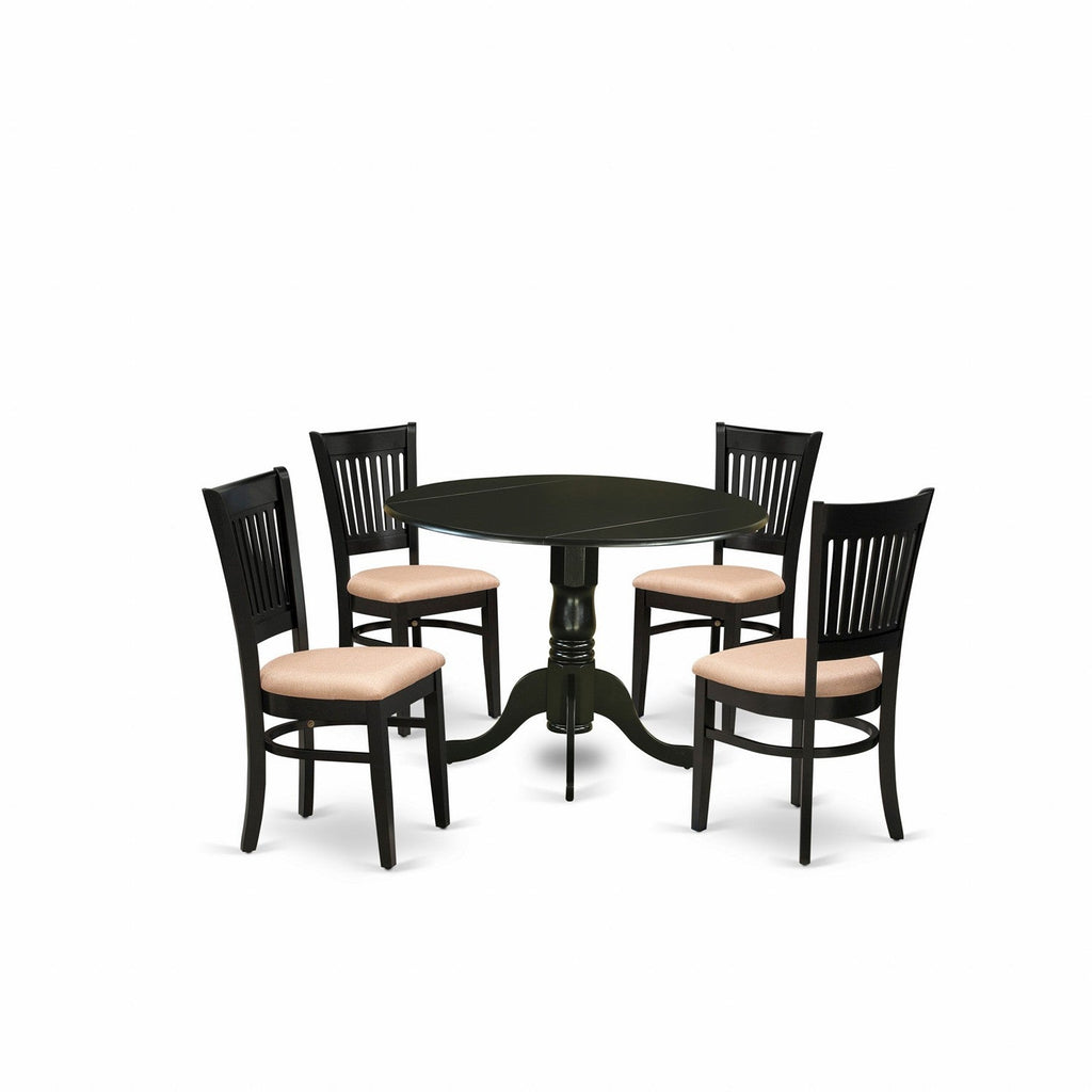 East West Furniture DLVA5-BLK-C 5 Piece Dining Table Set for 4 Includes a Round Kitchen Table with Dropleaf and 4 Linen Fabric Upholstered Dinette Chairs, 42x42 Inch, Black