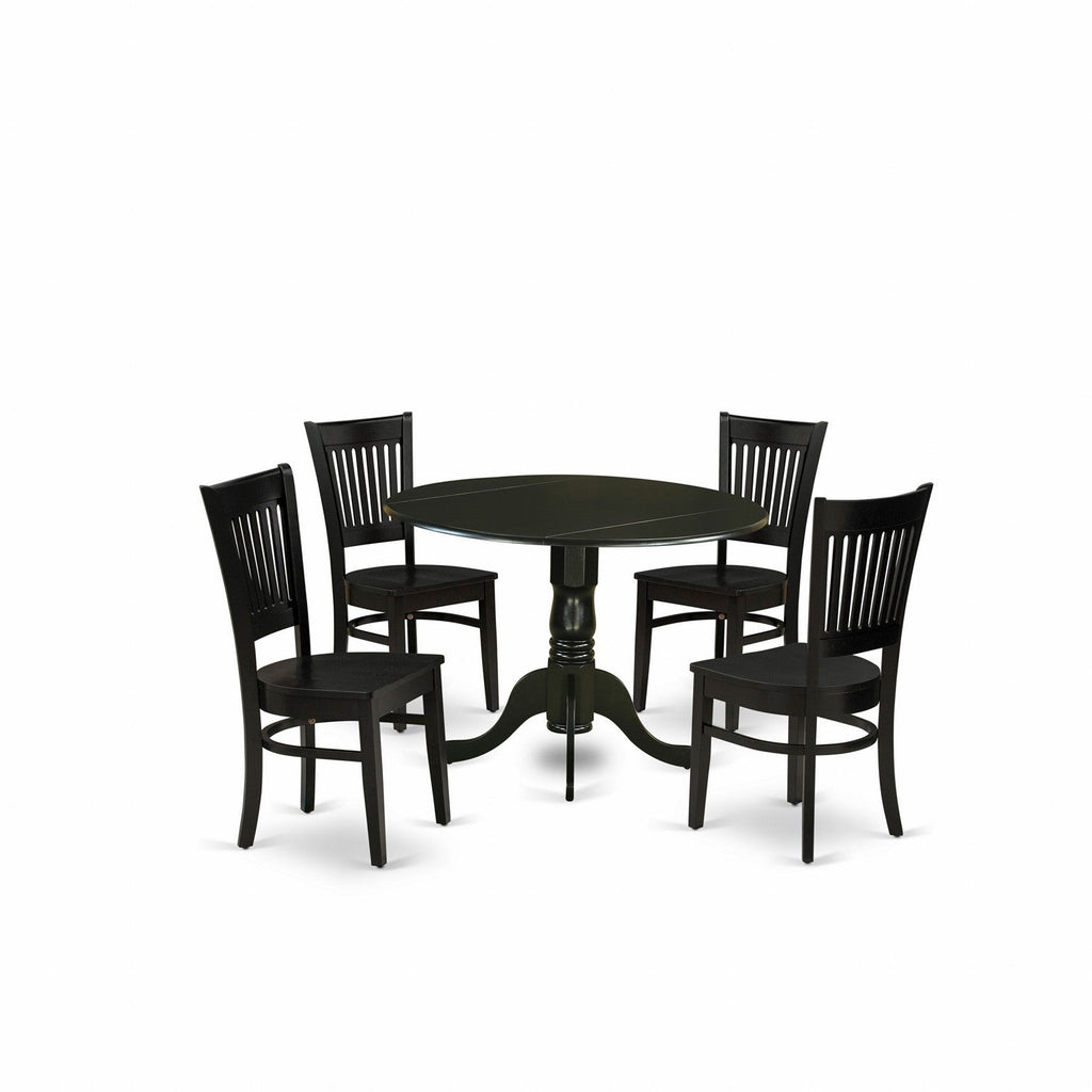 East West Furniture DLVA5-BLK-W 5 Piece Dining Set Includes a Round Dining Room Table with Dropleaf and 4 Kitchen Chairs, 42x42 Inch, Black