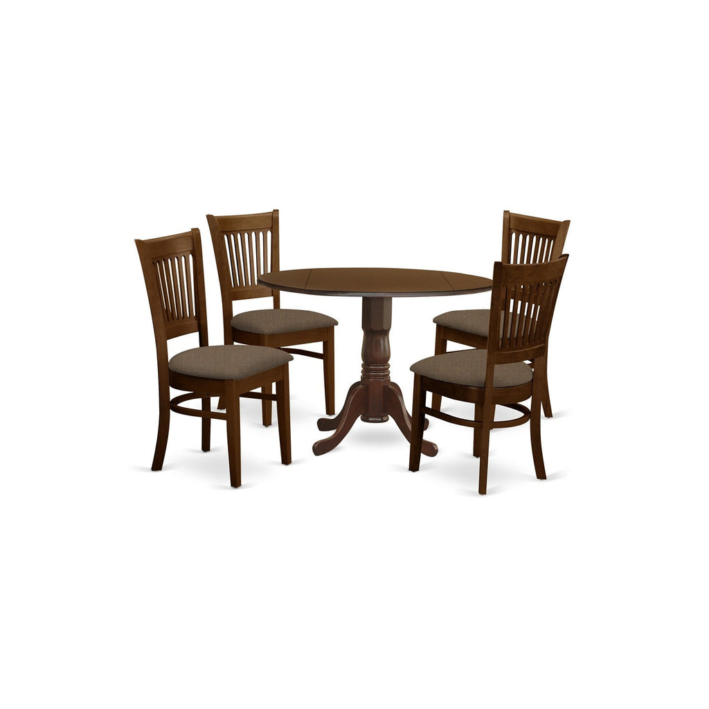 East West Furniture DLVA5-ESP-C 5 Piece Dining Set Includes a Round Dining Room Table with Dropleaf and 4 Linen Fabric Upholstered Chairs, 42x42 Inch, Espresso