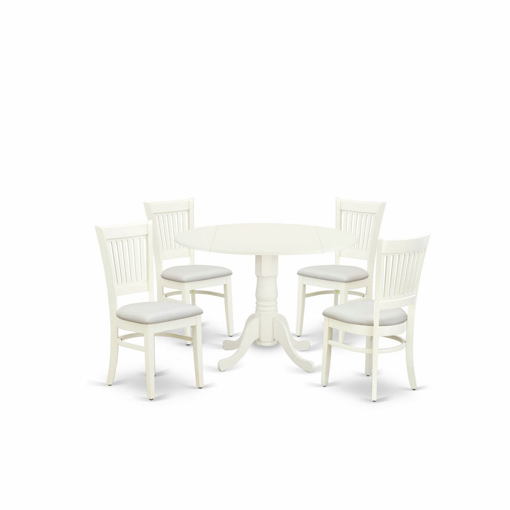 East West Furniture DLVA5-LWH-C 5 Piece Dining Table Set for 4 Includes a Round Kitchen Table with Dropleaf and 4 Linen Fabric Kitchen Dining Chairs, 42x42 Inch, Linen White