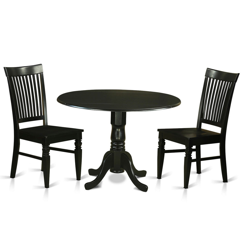 East West Furniture DLWE3-BLK-W 3 Piece Dining Room Table Set Contains a Round Kitchen Table with Dropleaf and 2 Dining Chairs, 42x42 Inch, Black