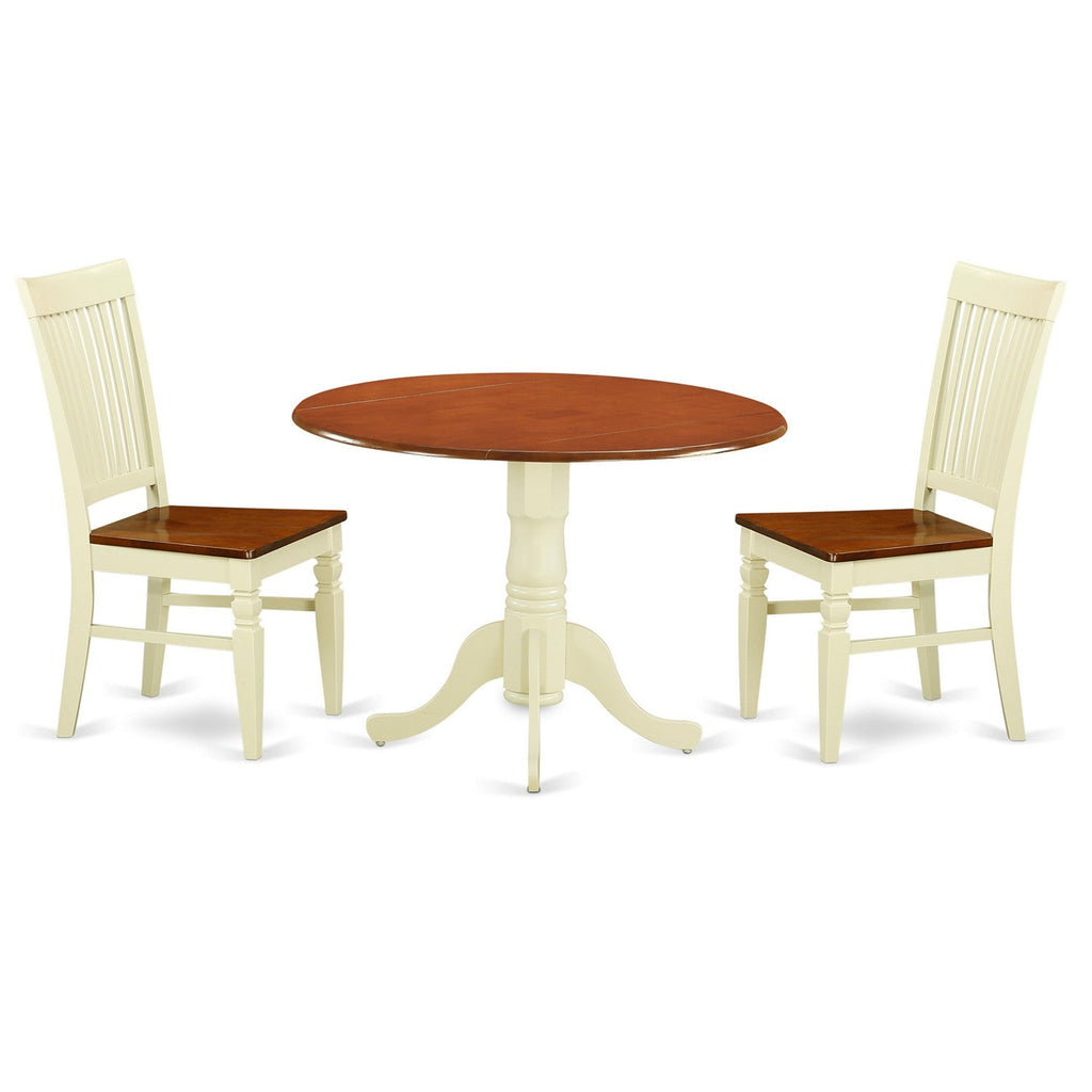 East West Furniture DLWE3-BMK-W 3 Piece Dining Set Contains a Round Dining Room Table with Dropleaf and 2 Wood Seat Chairs, 42x42 Inch, Buttermilk & Cherry
