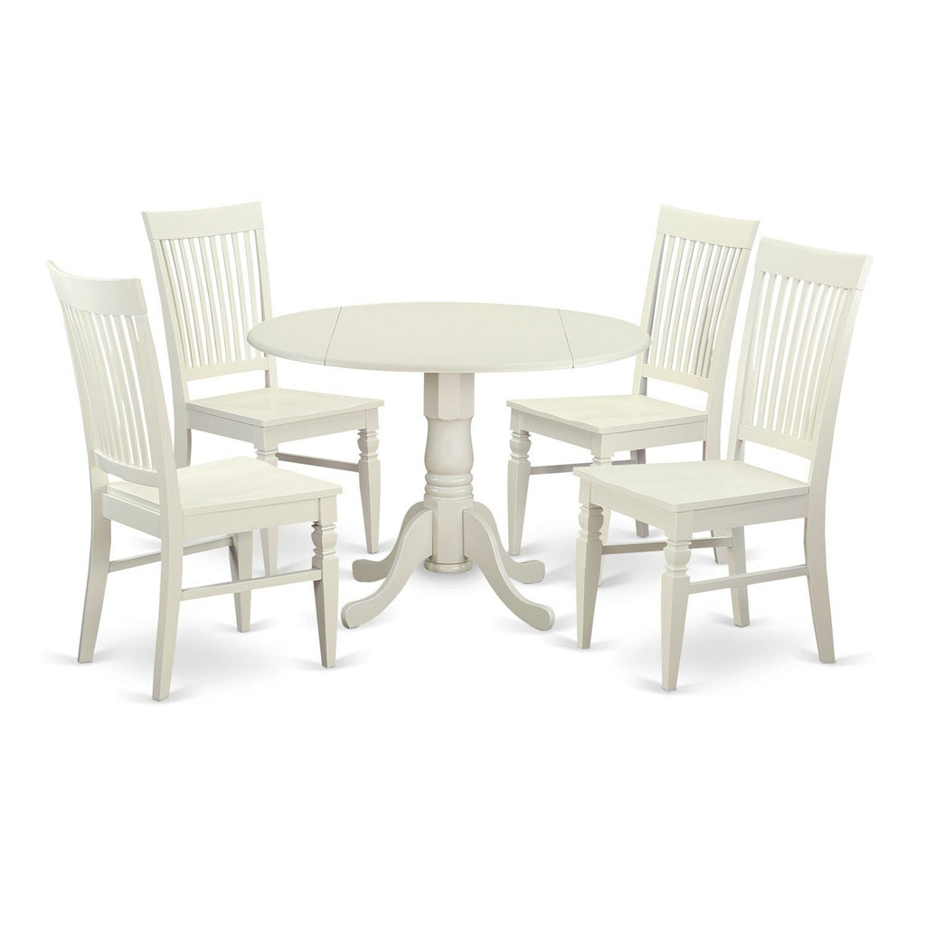 East West Furniture DLWE5-WHI-W 5 Piece Dining Table Set for 4 Includes a Round Kitchen Table with Dropleaf and 4 Dining Room Chairs, 42x42 Inch, Linen White