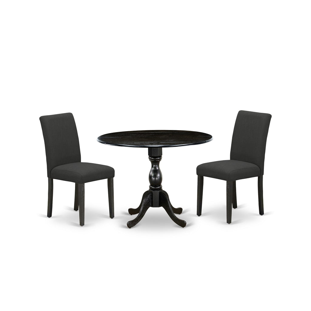 East West Furniture DMAB3-ABK-24 3 Piece Modern Dining Table Set Contains a Round Wooden Table with Dropleaf and 2 Black Color Linen Fabric Upholstered Chairs, 42x42 Inch, Wirebrushed Black