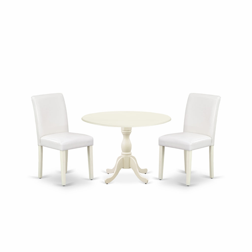 East West Furniture DMAB3-LWH-64 3 Piece Dining Set Contains a Round Dining Room Table with Dropleaf and 2 White Faux Leather Upholstered Parson Chairs, 42x42 Inch, Linen White