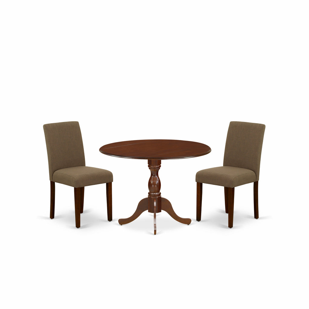 East West Furniture DMAB3-MAH-18 3 Piece Dining Room Table Set Contains a Round Dining Table with Dropleaf and 2 Coffee Linen Fabric Upholstered Parson Chairs, 42x42 Inch, Mahogany