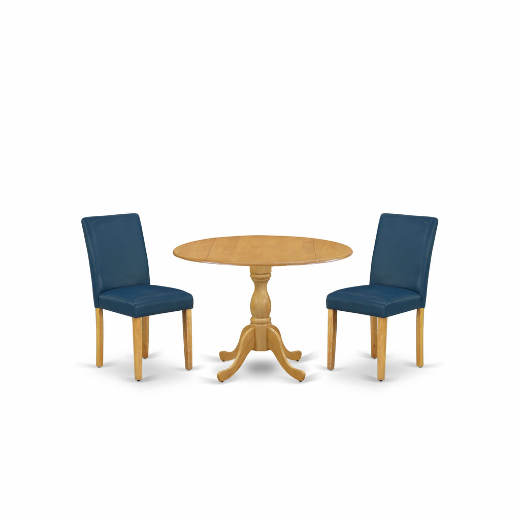 East West Furniture DMAB3-OAK-55 3 Piece Dining Table Set Contains a Round Dining Room Table with Dropleaf and 2 Oasis Blue Faux Leather Parsons Chairs, 42x42 Inch, Oak