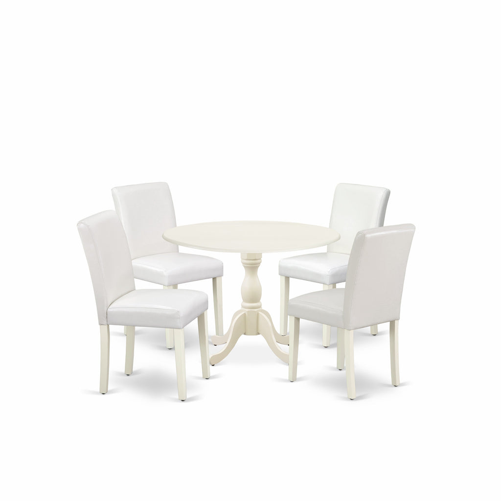 East West Furniture DMAB5-LWH-64 5 Piece Dining Room Table Set Includes a Round Dining Table with Dropleaf and 4 White Faux Leather Upholstered Parson Chairs, 42x42 Inch, Linen White