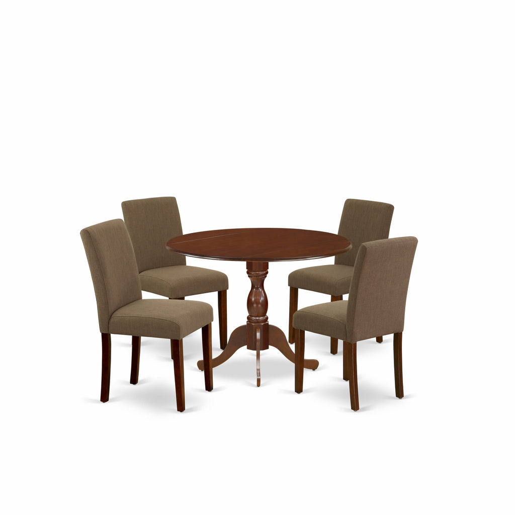 East West Furniture DMAB5-MAH-18 5 Piece Modern Dining Table Set Includes a Round Wooden Table with Dropleaf and 4 Coffee Linen Fabric Upholstered Chairs, 42x42 Inch, Mahogany