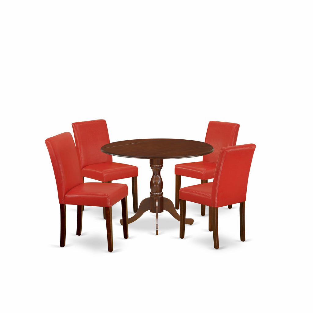 East West Furniture DMAB5-MAH-72 5 Piece Dining Table Set Includes a Round Kitchen Table with Dropleaf and 4 Firebrick Red Faux Leather Parson Dining Room Chairs, 42x42 Inch, Mahogany