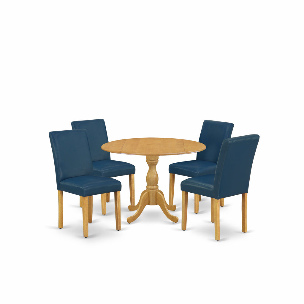 East West Furniture DMAB5-OAK-55 5 Piece Dining Set Includes a Round Dining Room Table with Dropleaf and 4 Oasis Blue Faux Leather Upholstered Parson Chairs, 42x42 Inch, Oak