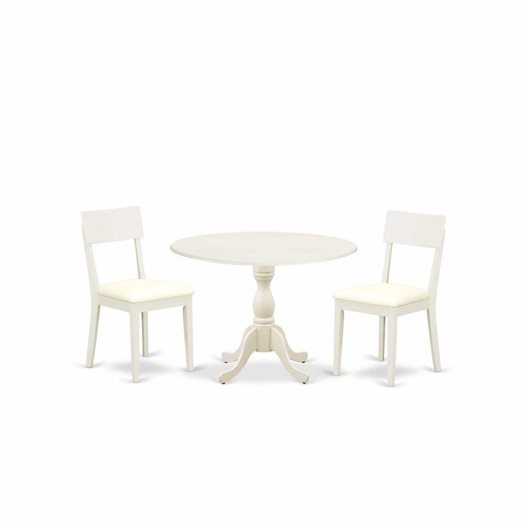 East West Furniture DMAD3-LWH-LC 3 Piece Dinette Set for Small Spaces Contains a Round Dining Table with Dropleaf and 2 Faux Leather Dining Room Chairs, 42x42 Inch, Linen White