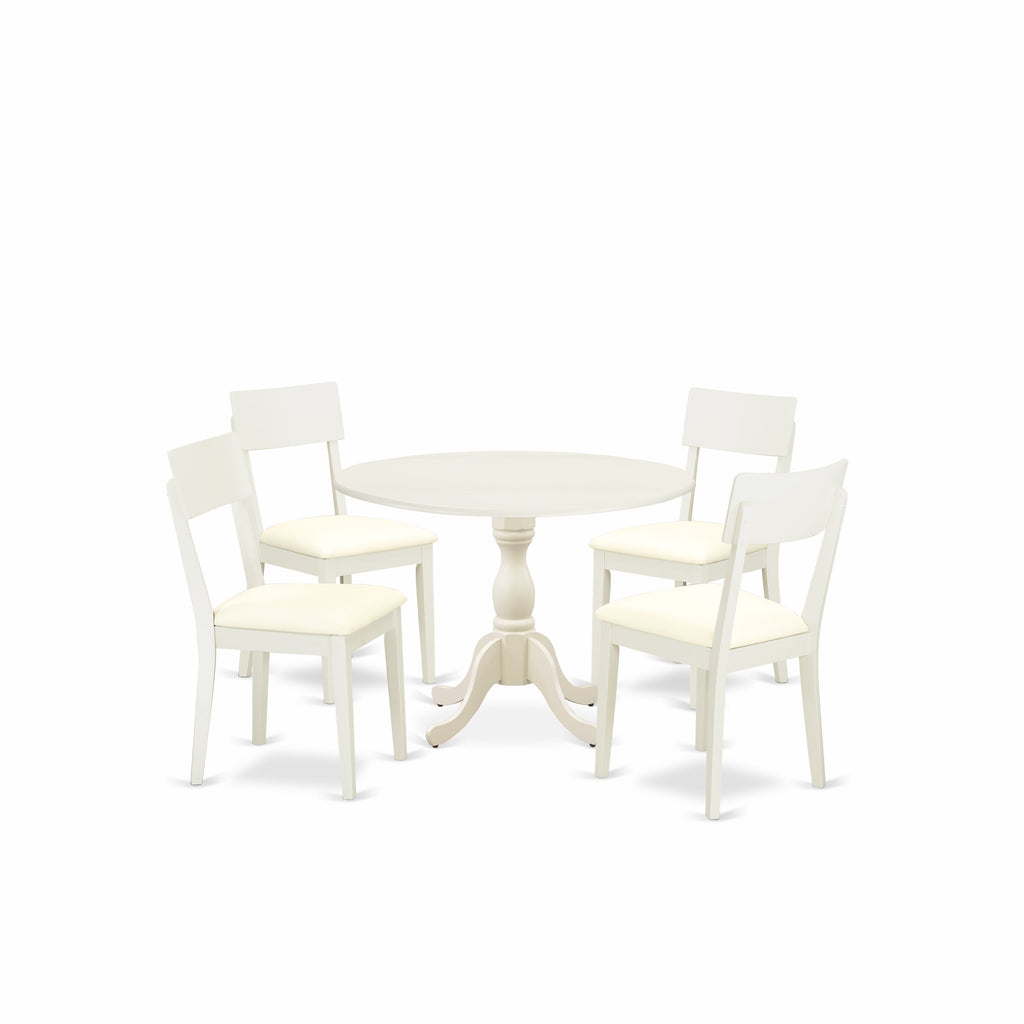 East West Furniture DMAD5-LWH-LC 5 Piece Dining Table Set for 4 Includes a Round Kitchen Table with Dropleaf and 4 Faux Leather Upholstered Dinette Chairs, 42x42 Inch, Linen White