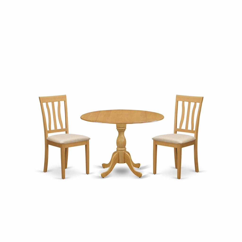 East West Furniture DMAN3-OAK-C 3 Piece Kitchen Table Set for Small Spaces Contains a Round Dining Room Table with Dropleaf and 2 Linen Fabric Upholstered Chairs, 42x42 Inch, Oak