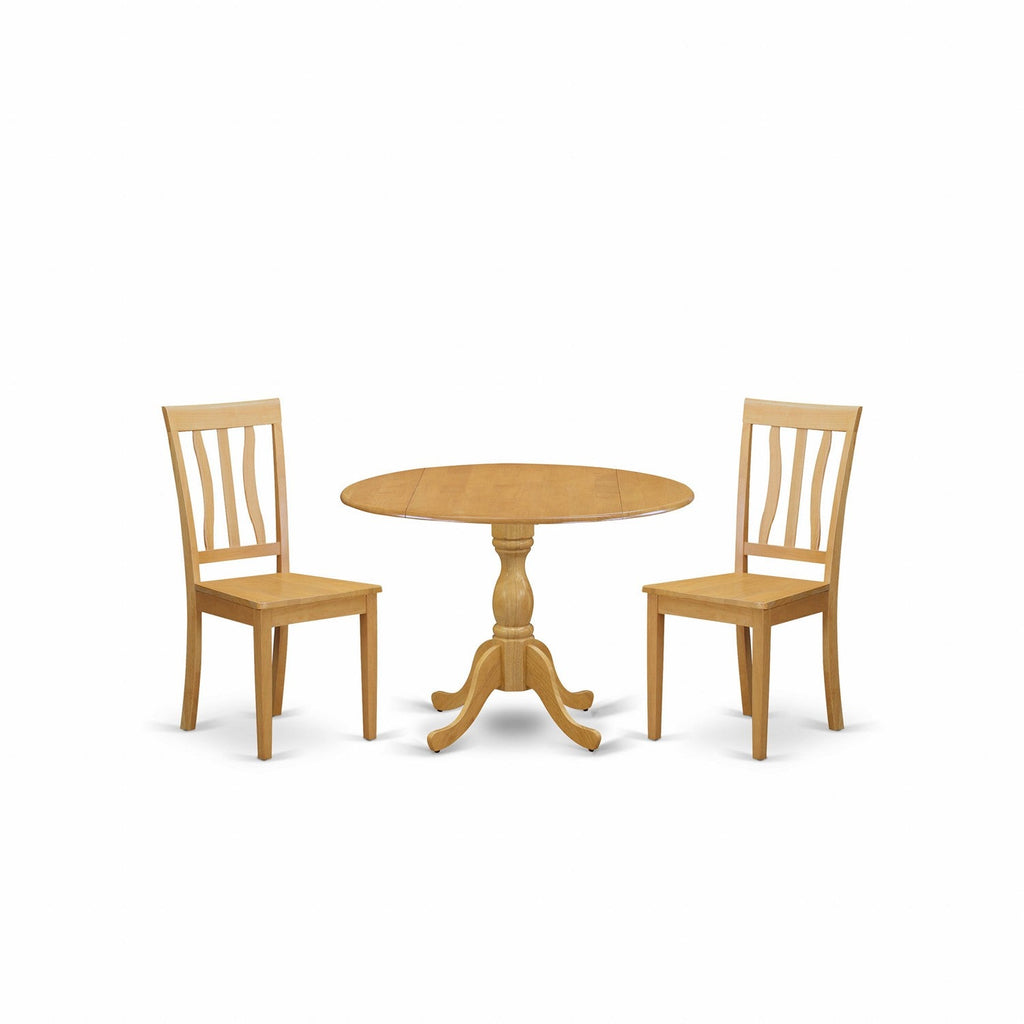 East West Furniture DMAN3-OAK-W 3 Piece Kitchen Table & Chairs Set Contains a Round Dining Room Table with Dropleaf and 2 Solid Wood Seat Chairs, 42x42 Inch, Oak