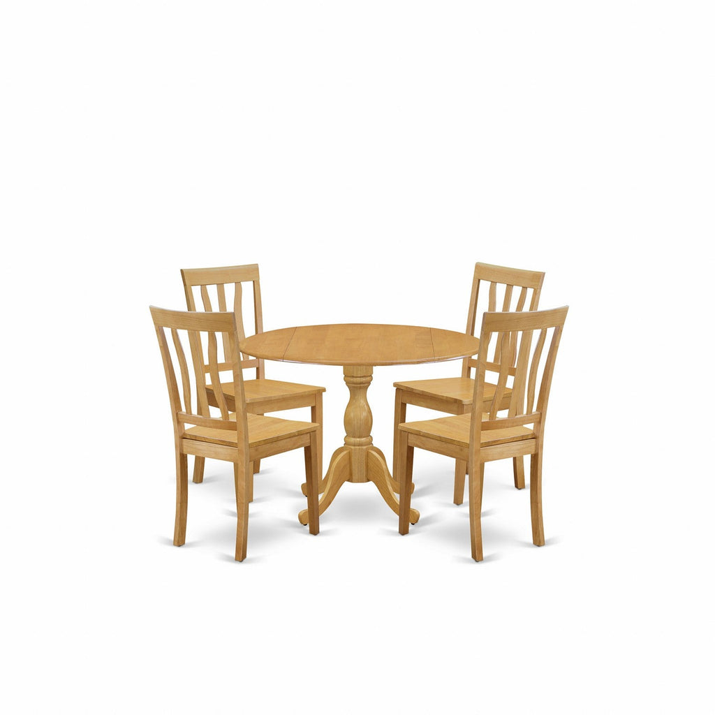 East West Furniture DMAN5-OAK-W 5 Piece Dining Room Table Set Includes a Round Kitchen Table with Dropleaf and 4 Dining Chairs, 42x42 Inch, Oak