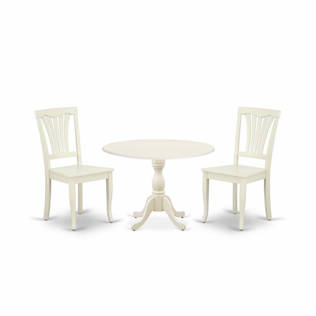 East West Furniture DMAV3-LWH-W 3 Piece Dining Room Table Set Contains a Round Dining Table with Dropleaf and 2 Wood Seat Chairs, 42x42 Inch, Linen White