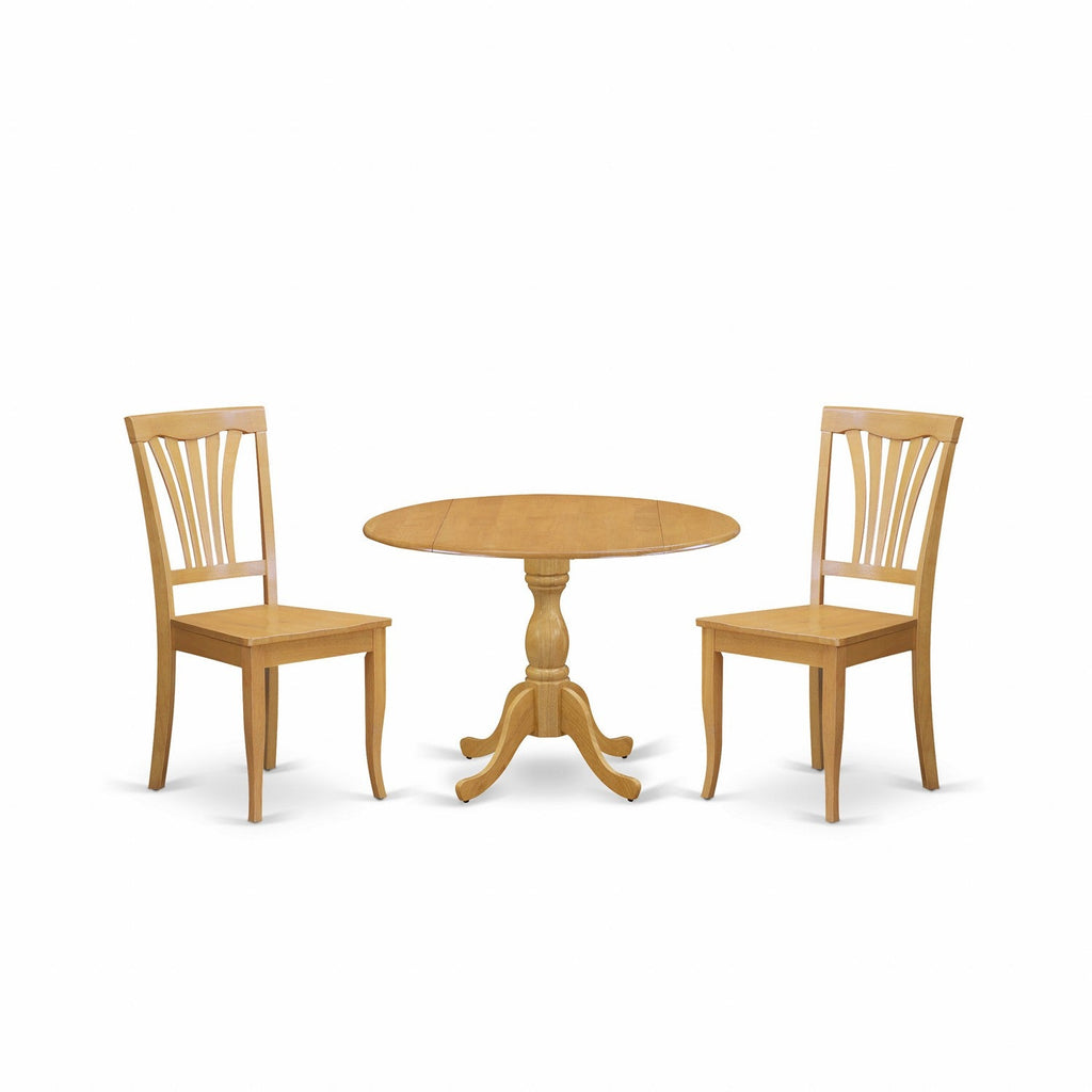 East West Furniture DMAV3-OAK-W 3 Piece Kitchen Table Set for Small Spaces Contains a Round Dining Room Table with Dropleaf and 2 Dining Chairs, 42x42 Inch, Oak