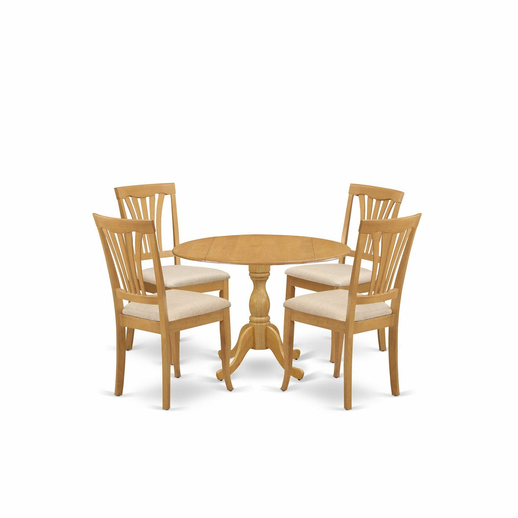 East West Furniture DMAV5-OAK-C 5 Piece Kitchen Table Set for 4 Includes a Round Dining Table with Dropleaf and 4 Linen Fabric Dining Room Chairs, 42x42 Inch, Oak