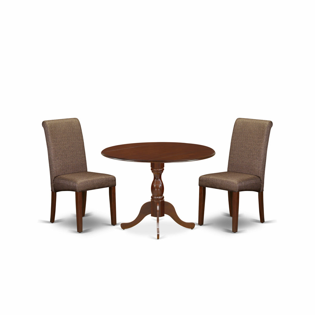 East West Furniture DMBA3-MAH-18 3 Piece Dining Table Set Contains a Round Dining Room Table with Dropleaf and 2 Brown Linen Linen Fabric Upholstered Chairs, 42x42 Inch, Mahogany