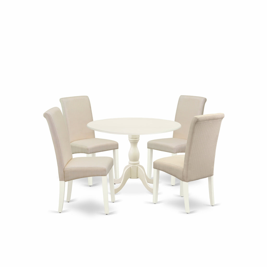 East West Furniture DMBA5-LWH-01 5 Piece Dining Room Furniture Set Includes a Round Dining Table with Dropleaf and 4 Cream Linen Fabric Upholstered Parson Chairs, 42x42 Inch, Linen White