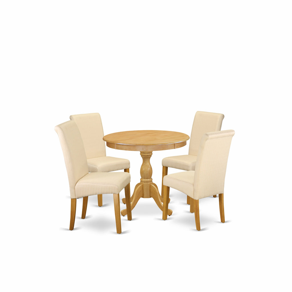 East West Furniture DMBA5-OAK-02 5 Piece Dining Table Set for 4 Includes a Round Kitchen Table with Dropleaf and 4 Light Beige Linen Fabric Parson Dining Chairs, 42x42 Inch, Oak