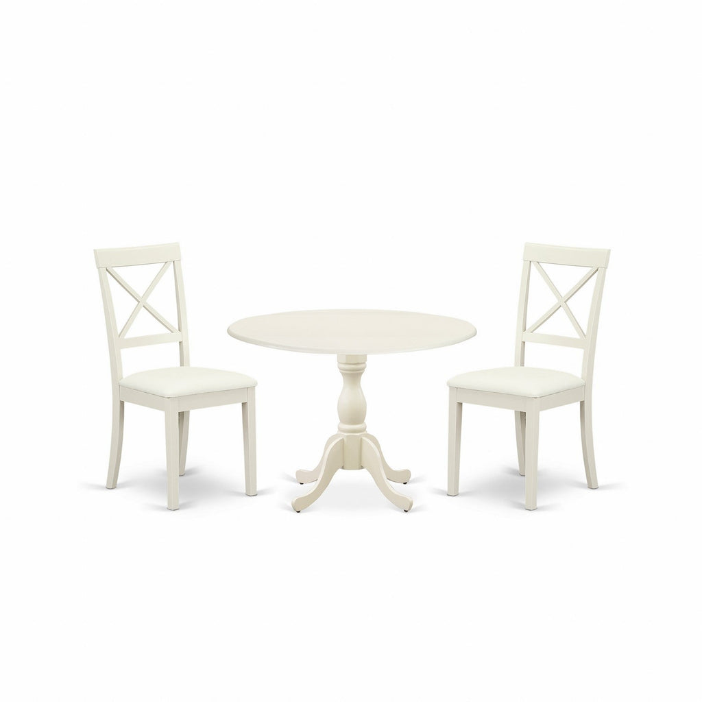 East West Furniture DMBO3-LWH-C 3 Piece Dining Table Set for Small Spaces Contains a Round Dining Room Table with Dropleaf and 2 Linen Fabric Upholstered Chairs, 42x42 Inch, Linen White
