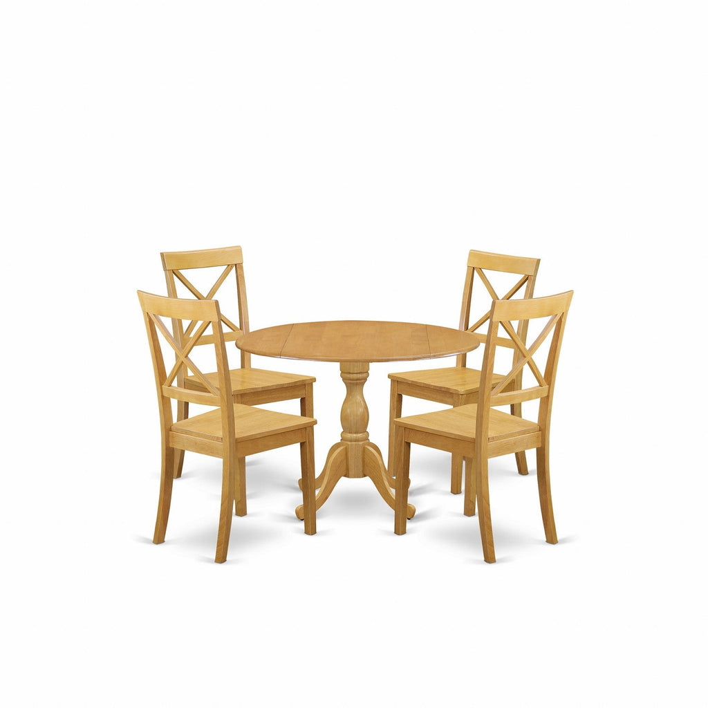 East West Furniture DMBO5-OAK-W 5 Piece Kitchen Table & Chairs Set Includes a Round Dining Table with Dropleaf and 4 Dining Room Chairs, 42x42 Inch, Oak