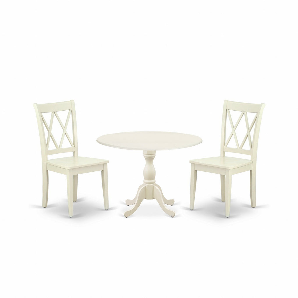 East West Furniture DMCL3-LWH-W 3 Piece Dinette Set for Small Spaces Contains a Round Dining Table with Dropleaf and 2 Dining Chairs, 42x42 Inch, Linen White