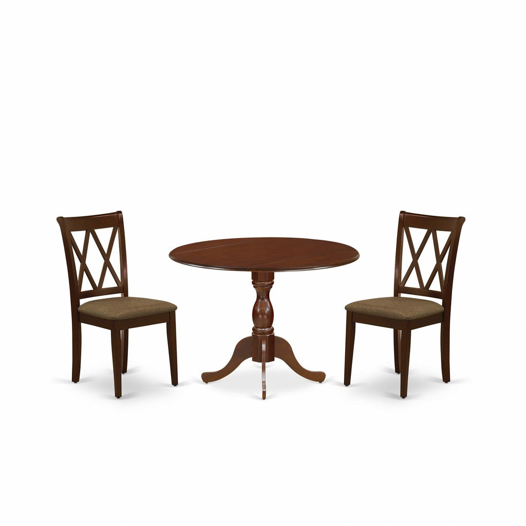 East West Furniture DMCL3-MAH-C 3 Piece Dining Table Set for Small Spaces Contains a Round Dining Room Table with Dropleaf and 2 Linen Fabric Upholstered Chairs, 42x42 Inch, Mahogany