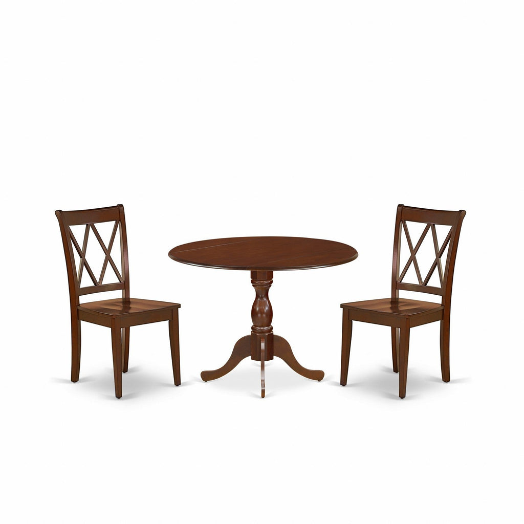 East West Furniture DMCL3-MAH-W 3 Piece Dining Room Furniture Set Contains a Round Kitchen Table with Dropleaf and 2 Dining Chairs, 42x42 Inch, Mahogany