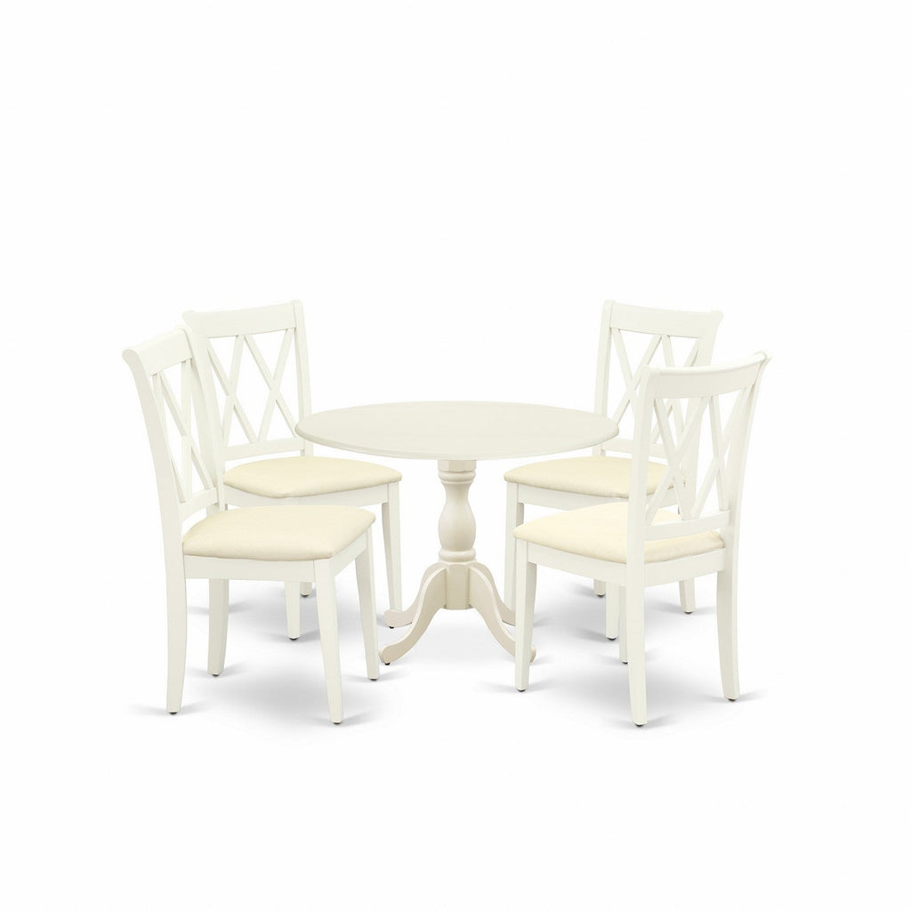 East West Furniture DMCL5-LWH-C 5 Piece Dinette Set for 4 Includes a Round Dining Room Table with Dropleaf and 4 Linen Fabric Upholstered Dining Chairs, 42x42 Inch, Linen White