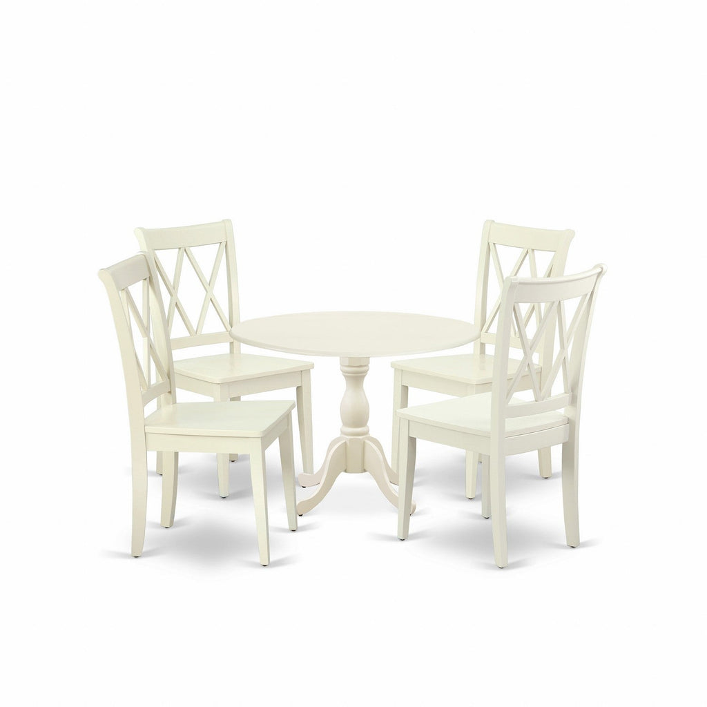 East West Furniture DMCL5-LWH-W 5 Piece Dining Room Table Set Includes a Round Dining Table with Dropleaf and 4 Wood Seat Chairs, 42x42 Inch, Linen White