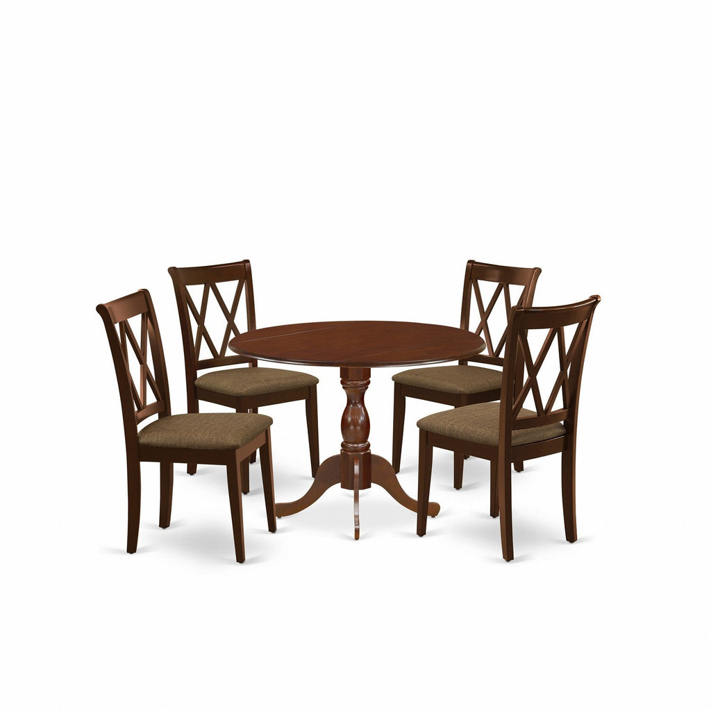 East West Furniture DMCL5-MAH-C 5 Piece Kitchen Table Set for 4 Includes a Round Dining Table with Dropleaf and 4 Linen Fabric Dining Room Chairs, 42x42 Inch, Mahogany