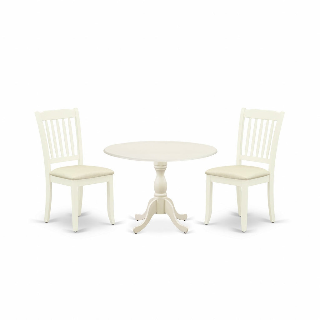 East West Furniture DMDA3-LWH-C 3 Piece Kitchen Table & Chairs Set Contains a Round Dining Table with Dropleaf and 2 Linen Fabric Dining Room Chairs, 42x42 Inch, Linen White